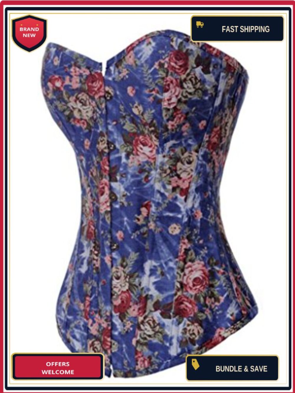 Women's Vintage Floral Denim Overbust Corset Bustier Top